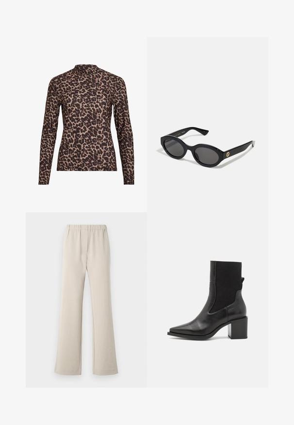 Langärmliges Oberteil mit Leopardenmuster und hohem Kragen, aus elastischem Stoff gefertigt. Hat einen beigefarbenen Grundton mit braunen Flecken. Glatte Textur, figurbetontes Design.; Beige, ausgestellt geschnittene Hose aus glattem Stoff mit elastischem Bund und minimalen Details. Entworfen für Komfort und einfache Handhabung.; Schwarze Stiefelette mit spitzem Schuhschnitt, aus glattem Leder und elastischem Stoff gefertigt. Mit Blockabsatz und minimalistischem Design.; Schwarze ovale Sonnenbrille mit dunklen Gläsern und glänzendem Kunststoffrahmen. Mit goldenem Logo am Bügel, das ein elegantes und modernes Design bietet.; Umhängetasche aus cremefarbenem Stoff mit einem wiederholten MK-Logo-Muster, braunen Lederakzenten und einem goldenen Kettenriemen sowie einem abnehmbaren braunen Riemen.
