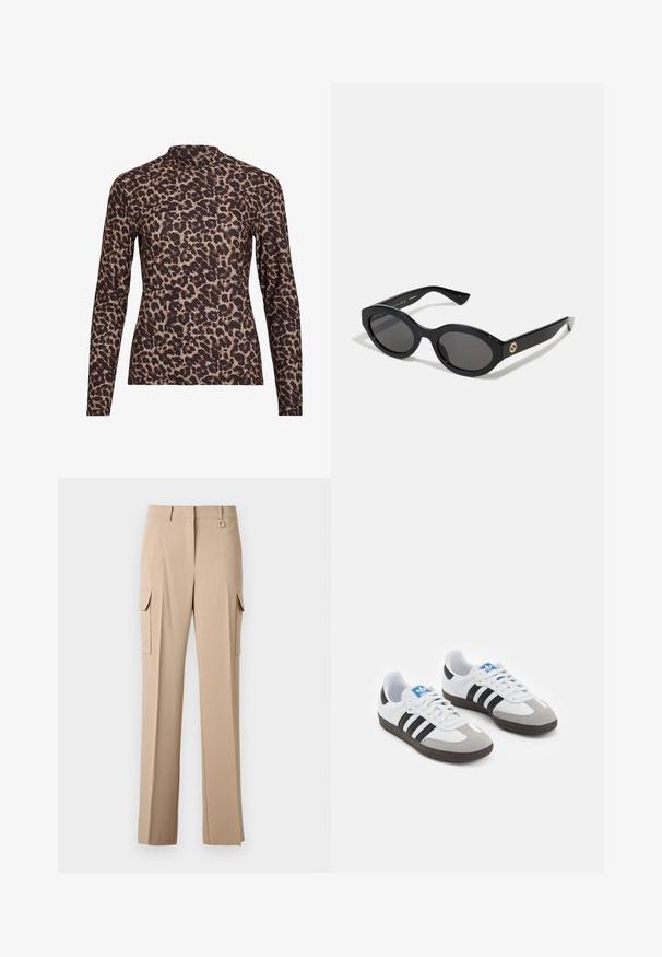 Leopardprint lange mouw top met een hoge hals, gemaakt van rekbare stof. Heeft een tan basis met bruine vlekken. Soepele textuur, aansluitend ontwerp.; Beige cargobroek met twee zijzakken, een vlakke voorkant en een vierkante metalen accent op de tailleband. Gemaakt van een gladde, lichte stof.; Sportschoenen met een witte leren bovenkant, grijze suède neus en drie zwarte strepen. Bevat een blauw logo op de tong en een gestructureerde rubberen zool.; Zwarte ovale zonnebril met donkere glazen en een glanzend kunststof frame. Heeft een gouden logo op de poot, dat een strakke en moderne uitstraling biedt.; Blauwe handtas met patroon van stof, met een gebogen vorm, zwarte leren schouderriem en logo ontwerp in een lichtere tint.