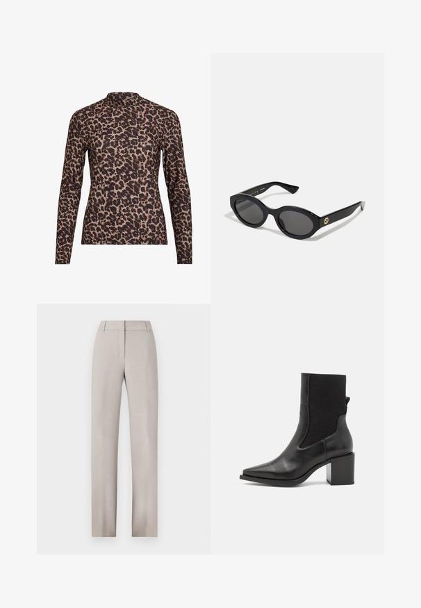 Top à manches longues en imprimé léopard avec un col haut, fabriqué en tissu extensible. Présente une base beige avec des taches brunes. Texture lisse, design ajusté.; Pantalons taillés beige clair avec une coupe droite. Confectionnés en tissu texturé, dotés d'un devant plat et de passants de ceinture.; Bottine noire avec un embout pointu, fabriquée en cuir lisse et en tissu élastique. Dotée d'un talon bloc et d'un design minimaliste.; Lunettes de soleil ovales noires avec des verres sombres et une monture en plastique brillant. Présente un logo doré sur la branche, offrant un design épuré et moderne.