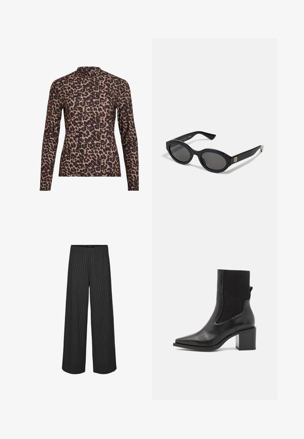 Leopardų rašto ilgos rankovės marškiniai su aukštu apykakle, pagaminti iš elastingos medžiagos. Pagrindas smėlinis su rudomis dėmėmis. Lygus paviršius, aptemptas dizainas.; Juodos plačios kelnės su vertikaliomis baltomis juostelėmis, pasižyminčios pritaikytu dizainu ir lygia tekstūra. Nėra matomų kišenių ar metalinių detalių.; Juodos aulinukai iki kulkšnies, su smailiu pirštu, pagaminti iš lygaus odos ir elastingos medžiagos. Turi kvadratinį kulniuką ir minimalistinį dizainą.; Juodos ovalios saulės akinių su tamsiais lęšiais ir blizgia plastiko apvadu. Su auksiniu logotipu ant šventyklos, siūlo elegantišką ir modernų dizainą.