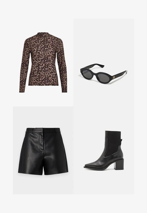 Leopardimustriga pikkade varrukatega pluus kõrge kaelusega, valmistatud venivast kangast. Omab beeži tausta pruunide laikudega. Sile tekstuur, keha lähedane disain.; Mustast nahast lühikesed püksid sileda tekstuuriga, millel on sobiv vöökoht, esiseam detail ja küljesplitid stiili lisamiseks.; Mustad mustaed jalats, millel on terav varvas, valmistatud siledast nahast ja elastsemast kangast. Omab plokknõela ja minimalistliku disaini.; Mustad mustad prillid tumedate läätsedega ja läikiva plastraamiga. Omab kuldset logo põlveosal, pakkudes stiilset ja kaasaegset disaini.; Sinine mustriga kangast käekott, millel on kootud disain, must nahkrist ja logo heledamas toonis.