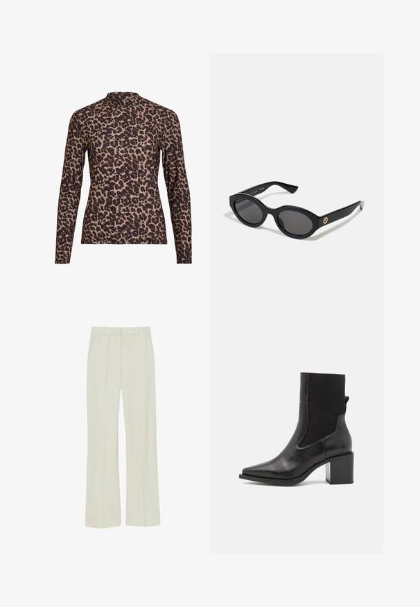 Ilgās piedurknēs leopardu raksta blūze ar augstu izgriezumu, izgatavota no elastīga auduma. Tam ir bēša pamatne ar brūniem plankumiem. Gluda faktūra, pieguļošs dizains.; Gai bēšas bikses, izgatavotas no gludas auduma, ar taisnu kāju dizainu, ar krokām gar priekšpusi un standarta jostasvietu ar jostas cilpām.; Melnas potītes botas ar norādītu purngalu, izgatavotas no gludas ādas un elastīgas auduma. Ievērojamas ar bloku papēdi un minimālistisku dizainu.; Melnas ovālās saulesbrilles ar tumšiem stikliem un spīdīgu plastmasas rāmi. Iezīmētas ar zelta logo uz tempļa, nodrošinot elegantu un modernu dizainu.; Zila ar rakstu somiņa, kas izgatavota no auduma, ar izliekta formu, melnu ādas siksnu un logotipa dizainu gaišākā tonī.