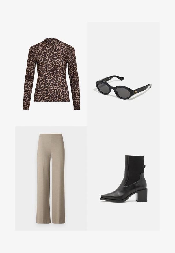 Leopardprint lange mouw top met een hoge hals, gemaakt van rekbare stof. Heeft een tan basis met bruine vlekken. Soepele textuur, aansluitend ontwerp.; Beige wijde broek van textuurstof, met een hoge tailleband en zonder zichtbare sluitingen of zakken. Soepele, op maat gemaakte silhouet.; Zwarte enkelboot met een spitse neus, gemaakt van soepel leer en elastische stof. Heeft een blokhak en een minimalistisch ontwerp.; Zwarte ovale zonnebril met donkere glazen en een glanzend kunststof frame. Heeft een gouden logo op de poot, dat een strakke en moderne uitstraling biedt.; Blauwe handtas met patroon van stof, met een gebogen vorm, zwarte leren schouderriem en logo ontwerp in een lichtere tint.