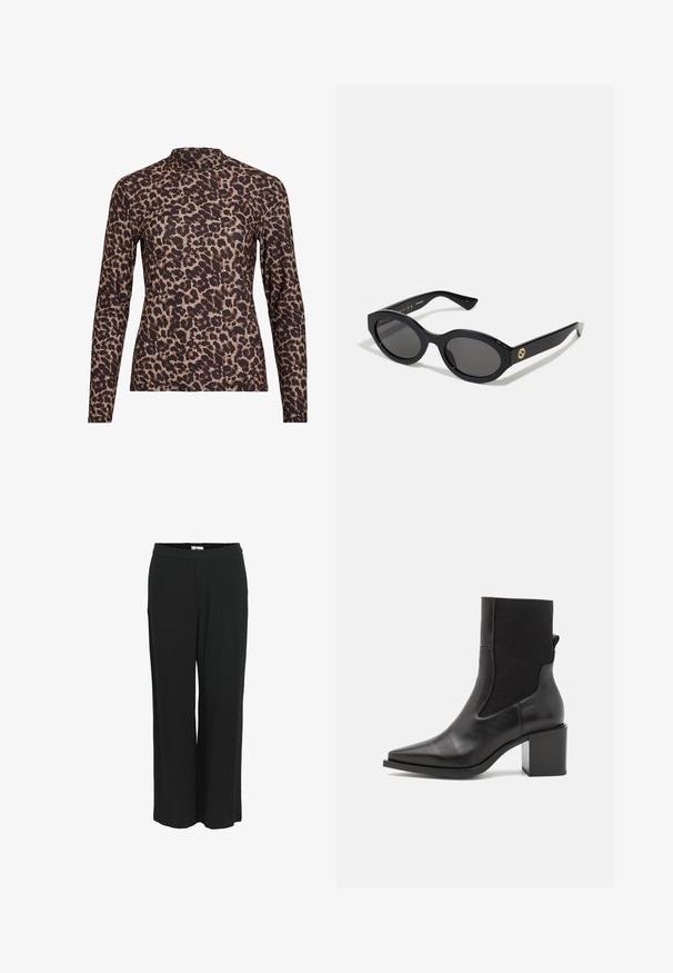 Langærmet top med leopardprint og høj hals, lavet af strækbart stof. Har en tan-basis med brune pletter. Glat tekstur, tætsiddende design.; Bredde ben, sorte bukser lavet af et let materiale. Har en elastisk talje og en glat tekstur. Ingen lommer eller synlige mønstre.; Sort ankelstøvle med spids tå, lavet af glat læder og elastisk stof. Har en blokhæl og minimalistisk design.; Sorte ovale solbriller med mørke linser og blank plastramme. Har et guldlogo på stykket, hvilket giver et slankt og moderne design.; Blå mønstret håndtaske lavet af stof, med en buet form, sort læderrem og logodesign i en lysere skygge.