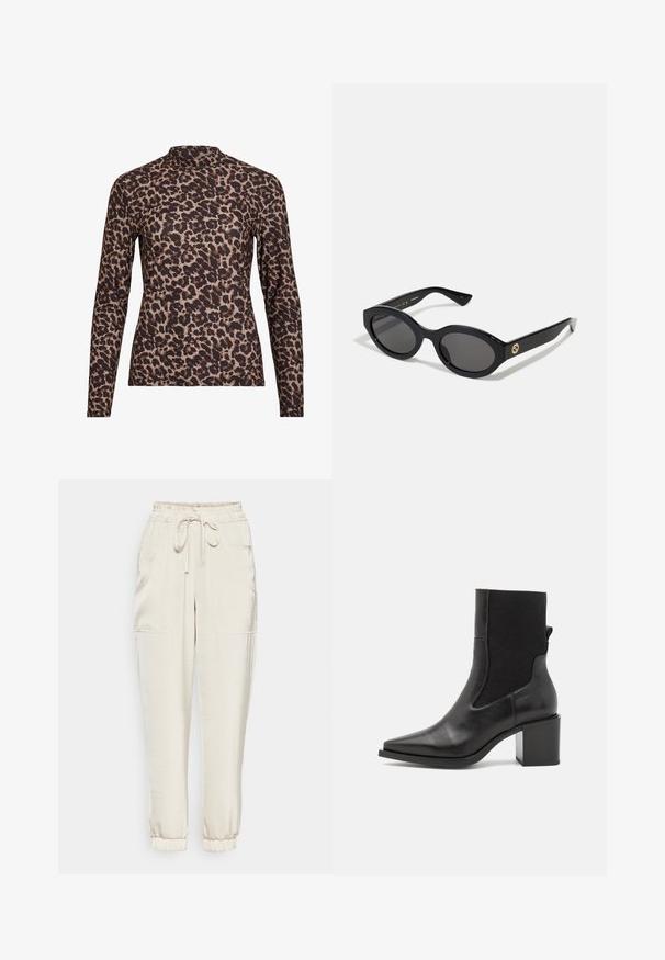 Bluzka z długim rękawem w panterkę z wysokim dekoltem, wykonana z elastycznego materiału. Posiada beżową bazę z brązowymi plamami. Gładka faktura, dopasowany krój.; Jasno beżowe dresy wykonane z miękkiego materiału, z elastycznym pasem, sznurkiem do regulacji i dwiema bocznymi kieszeniami. Zbiegające ku dołowi przy kostkach.; Czarny botek za kostkę z zaostrzonym noskiem, wykonany z gładkiej skóry i elastycznego materiału. Posiada blokowy obcas i minimalistyczny design.; Czarne okulary przeciwsłoneczne w owalnym kształcie z ciemnymi szkłami i błyszczącą plastikową oprawką. Posiadają złote logo na zausznniku, co nadaje im elegancki i nowoczesny wygląd.; Niebieska torebka wzorzysta, wykonana z tkaniny, o zaokrąglonym kształcie, z czarnym skórzanym uchwytem i logo zaprojektowanym w jaśniejszym odcieniu.