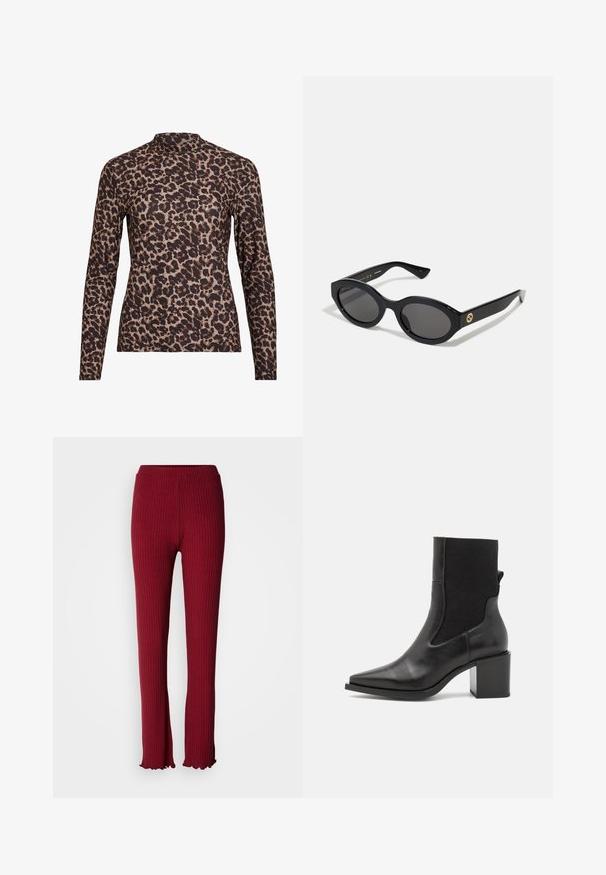 Bluza z dolgimi rokavi z leopardjim vzorcem in visokim ovratnikom, izdelana iz elastičnega materiala. Ima peščeno osnovo z rjavimi lisami. Gladka tekstura, prilega se telesu.; Rdeče rebraste legice z oprijetim krojem, mehkimi vlakni, razširjenim robom in elastičnim pasom za udobje.; Črne gležnarske škornje s koničastim nosom, narejene iz gladkega usnja in elastike. Opremljene so z blok stolčkom in minimalističnim dizajnom.; Črne ovalne sončna očala s temnimi lečami in sijočim plastičnim okvirjem. Imajo zlat logo na robu, kar ponuja eleganten in sodoben oblikovalski pristop.; Modra torbica s vzorom iz blaga, ki ima ukrivljeno obliko, črn usnjen trak in logotip v svetlejši odtenek.
