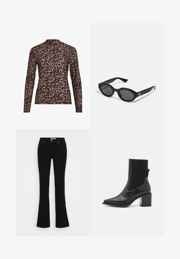 Leopard print long-sleeve top with a high neckline, made of stretchy fabric. Features a tan base with brown spots. Smooth texture, fitted design.; Black flared jeans made of denim, featuring a classic five-pocket design, silver hardware, and a button closure at the waist.; Black ankle boot with a pointed toe, made of smooth leather and elastic fabric. Features a block heel and minimalist design.; Black oval sunglasses with dark lenses and glossy plastic frame. Features gold logo on the temple, offering a sleek and modern design.; Blue patterned handbag made of fabric, featuring a curved shape, black leather strap, and logo design in a lighter shade.