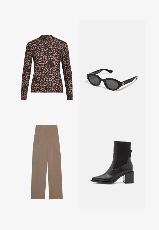 Top à manches longues en imprimé léopard avec un col haut, fabriqué en tissu extensible. Présente une base beige avec des taches brunes. Texture lisse, design ajusté.; Pantalons plissés marron avec une coupe large, dotés d'une taille plate et de poches latérales, fabriqués à partir d'un tissu léger.; Bottine noire avec un embout pointu, fabriquée en cuir lisse et en tissu élastique. Dotée d'un talon bloc et d'un design minimaliste.; Lunettes de soleil ovales noires avec des verres sombres et une monture en plastique brillant. Présente un logo doré sur la branche, offrant un design épuré et moderne.; Sac à main en tissu à motif bleu, présentant une forme courbée, une sangle en cuir noir et un design de logo dans une teinte plus claire.