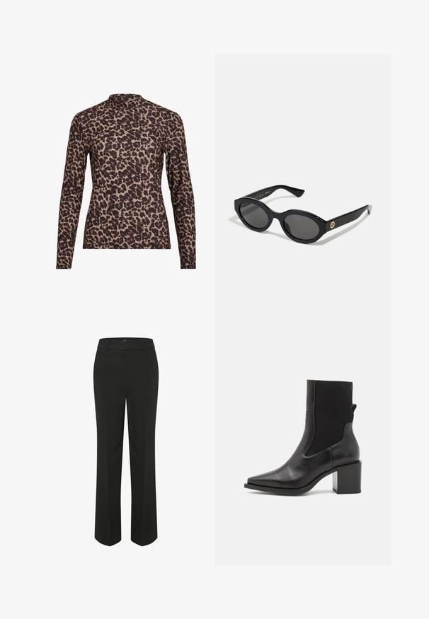 Leopardimustriga pikkade varrukatega pluus kõrge kaelusega, valmistatud venivast kangast. Omab beeži tausta pruunide laikudega. Sile tekstuur, keha lähedane disain.; Mustad, laiad püksid siledast materjalist. Omavad sobivat vöökohta ja puhtaid, hästi lõigatud jooneid minimalistliku disaini jaoks.; Mustad mustaed jalats, millel on terav varvas, valmistatud siledast nahast ja elastsemast kangast. Omab plokknõela ja minimalistliku disaini.; Mustad mustad prillid tumedate läätsedega ja läikiva plastraamiga. Omab kuldset logo põlveosal, pakkudes stiilset ja kaasaegset disaini.