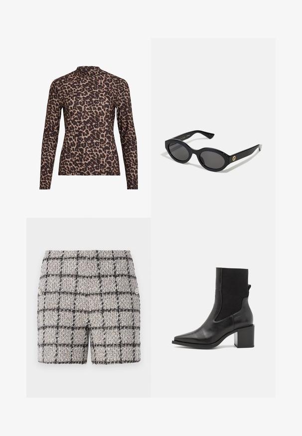Bluzka z długim rękawem w panterkę z wysokim dekoltem, wykonana z elastycznego materiału. Posiada beżową bazę z brązowymi plamami. Gładka faktura, dopasowany krój.; Szorty z tweedu w neutralnym kolorze z czarno-białym wzorem w kratkę. Posiadają dekoracyjne guziki z przodu. Teksturowana tkanina.; Czarny botek za kostkę z zaostrzonym noskiem, wykonany z gładkiej skóry i elastycznego materiału. Posiada blokowy obcas i minimalistyczny design.; Czarne okulary przeciwsłoneczne w owalnym kształcie z ciemnymi szkłami i błyszczącą plastikową oprawką. Posiadają złote logo na zausznniku, co nadaje im elegancki i nowoczesny wygląd.; Niebieska torebka wzorzysta, wykonana z tkaniny, o zaokrąglonym kształcie, z czarnym skórzanym uchwytem i logo zaprojektowanym w jaśniejszym odcieniu.