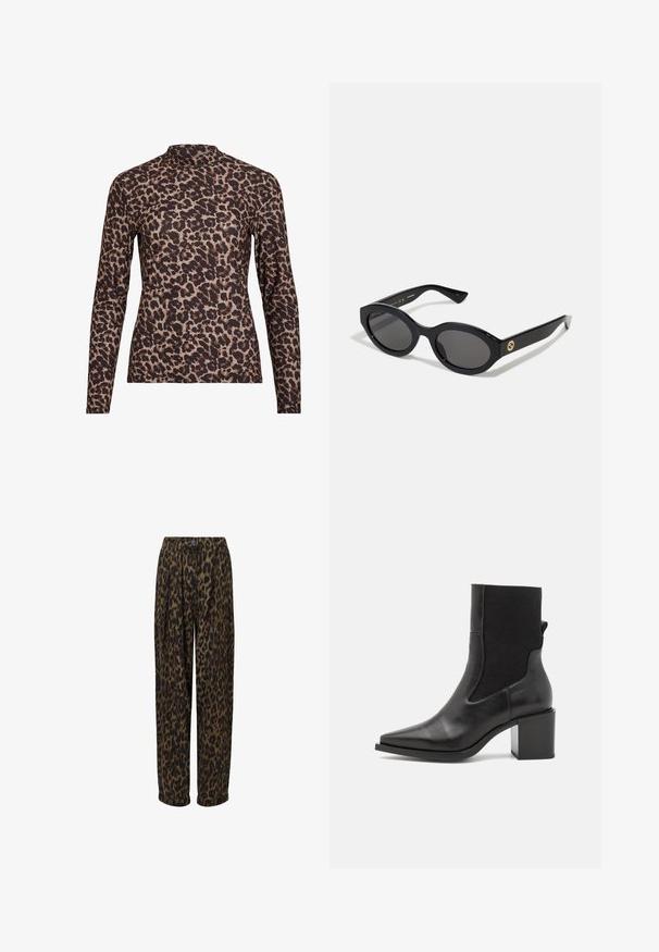 Duga majica s leopard uzorkom i visokim vratom, izrađena od rastezljivog materijala. Ima bež osnovu s smeškastim mrljama. Glatka tekstura, uski dizajn.; Hlače s uzorkom leoparda, širokog kroja, izrađene od mekanog materijala. Imaju zatvaranje na dugme i nabran prednji dio.; Crne gležnjače s šiljastim nosom, izrađene od glatke kože i elastične tkanine. Imaju blok petu i minimalistički dizajn.; Crne ovalne sunčane naočale s tamnim staklima i sjajnim plastičnim okvirom. Sadrže zlatni logotip na sljepoočnici, što pruža elegantan i moderni dizajn.; Plava torba s uzorkom izrađena od tkanine, s konveksnim oblikom, crnim kožnim remenom i dizajnom loga u svjetlijoj nijansi.