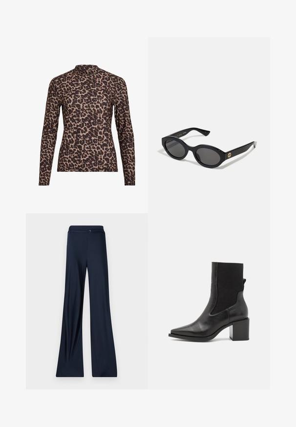 Ilgās piedurknēs leopardu raksta blūze ar augstu izgriezumu, izgatavota no elastīga auduma. Tam ir bēša pamatne ar brūniem plankumiem. Gluda faktūra, pieguļošs dizains.; Jūras spēku plaša kāju bikses ar gludu tekstūru, ar plakanu vidukļa joslu un subtilu metāla akcentu priekšā.; Melnas potītes botas ar norādītu purngalu, izgatavotas no gludas ādas un elastīgas auduma. Ievērojamas ar bloku papēdi un minimālistisku dizainu.; Melnas ovālās saulesbrilles ar tumšiem stikliem un spīdīgu plastmasas rāmi. Iezīmētas ar zelta logo uz tempļa, nodrošinot elegantu un modernu dizainu.; Zila ar rakstu somiņa, kas izgatavota no auduma, ar izliekta formu, melnu ādas siksnu un logotipa dizainu gaišākā tonī.