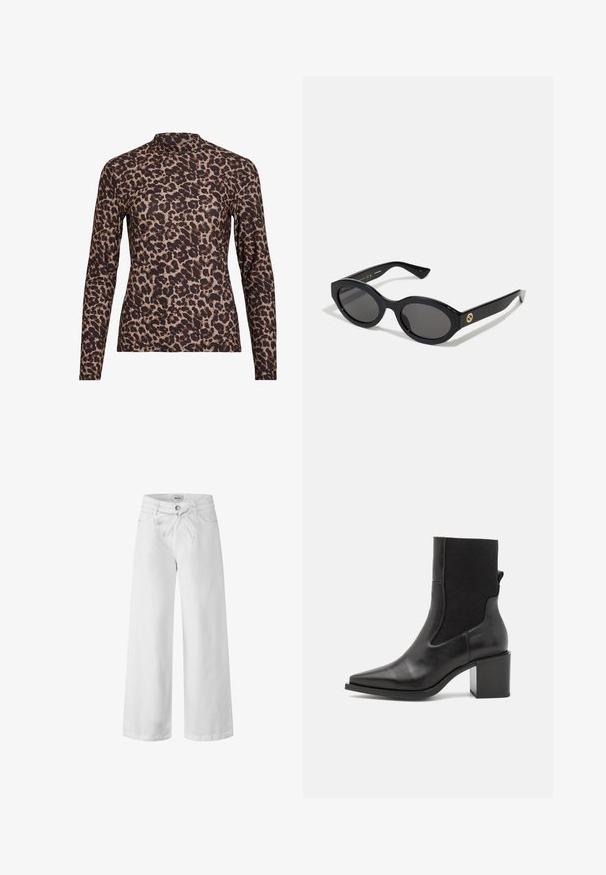 Top à manches longues en imprimé léopard avec un col haut, fabriqué en tissu extensible. Présente une base beige avec des taches brunes. Texture lisse, design ajusté.; Pantalons larges blancs en denim, avec taille élastiquée et cordon de serrage, poches avant et fermeture à bouton. Texture lisse et design simple.; Bottine noire avec un embout pointu, fabriquée en cuir lisse et en tissu élastique. Dotée d'un talon bloc et d'un design minimaliste.; Lunettes de soleil ovales noires avec des verres sombres et une monture en plastique brillant. Présente un logo doré sur la branche, offrant un design épuré et moderne.; Sac à main en tissu à motif bleu, présentant une forme courbée, une sangle en cuir noir et un design de logo dans une teinte plus claire.