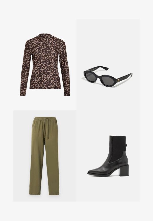 Ilgās piedurknēs leopardu raksta blūze ar augstu izgriezumu, izgatavota no elastīga auduma. Tam ir bēša pamatne ar brūniem plankumiem. Gluda faktūra, pieguļošs dizains.; Oluva zaļa, viegla sporta bikses ar elastīgu jostu, regulējamu auklu un piedurknēm. Gluda kokvilnas maisījuma audums.; Melnas potītes botas ar norādītu purngalu, izgatavotas no gludas ādas un elastīgas auduma. Ievērojamas ar bloku papēdi un minimālistisku dizainu.; Melnas ovālās saulesbrilles ar tumšiem stikliem un spīdīgu plastmasas rāmi. Iezīmētas ar zelta logo uz tempļa, nodrošinot elegantu un modernu dizainu.