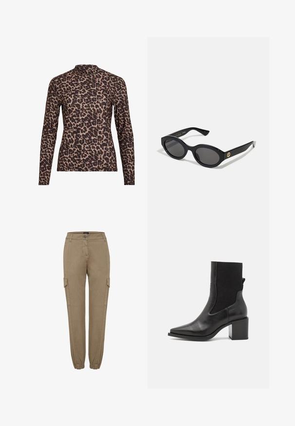 Leopardimustriga pikkade varrukatega pluus kõrge kaelusega, valmistatud venivast kangast. Omab beeži tausta pruunide laikudega. Sile tekstuur, keha lähedane disain.; Bežid cargosaged, sirgedega säärega ja elastsete paeltega, küljeaukudega ja nööpidega vööl. Valmistatud pehmest, tekstuuriga kangast.; Mustad mustaed jalats, millel on terav varvas, valmistatud siledast nahast ja elastsemast kangast. Omab plokknõela ja minimalistliku disaini.; Mustad mustad prillid tumedate läätsedega ja läikiva plastraamiga. Omab kuldset logo põlveosal, pakkudes stiilset ja kaasaegset disaini.; Sinine mustriga kangast käekott, millel on kootud disain, must nahkrist ja logo heledamas toonis.