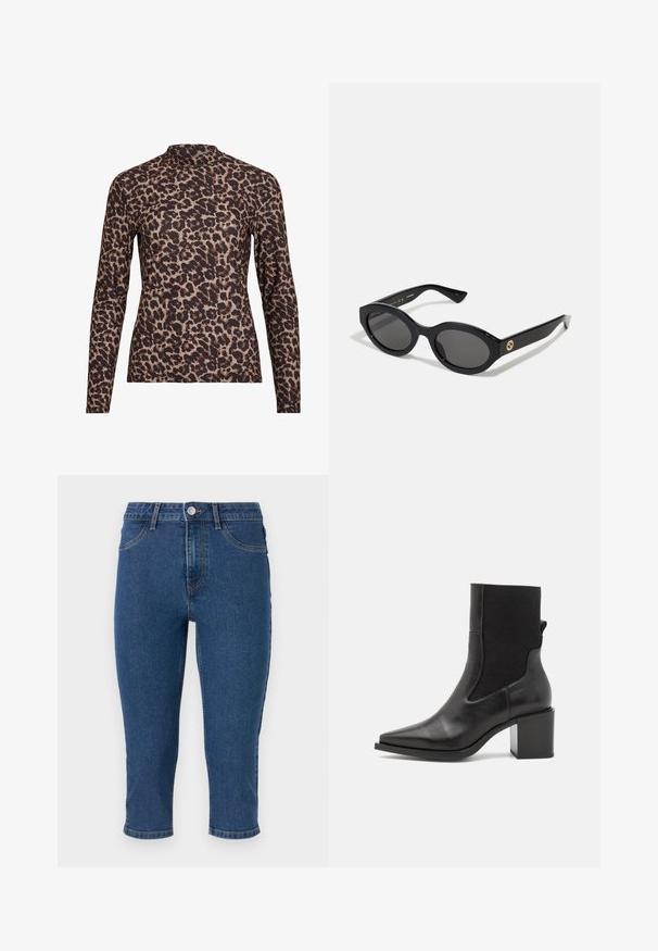 Top de manga larga con estampado de leopardo y cuello alto, fabricado en tejido elástico. Presenta una base beige con manchas marrones. Textura suave, diseño ajustado.; Pantalones capri de mezclilla azul oscuro con cintura alta, cinco bolsillos y costuras en contraste. Presentan un solo botón de metal y un ligero estrechamiento en el dobladillo.; Botín negro hasta el tobillo con punta afilada, hecho de cuero suave y tejido elástico. Presenta un tacón cuadrado y un diseño minimalista.; Gafas de sol negras en forma ovalada con lentes oscuros y montura de plástico brillante. Presenta un logo dorado en la patilla, ofreciendo un diseño elegante y moderno.; Bolso de mano de tela con un patrón azul, que presenta una forma curva, una correa de cuero negra y un diseño de logo en un tono más claro.