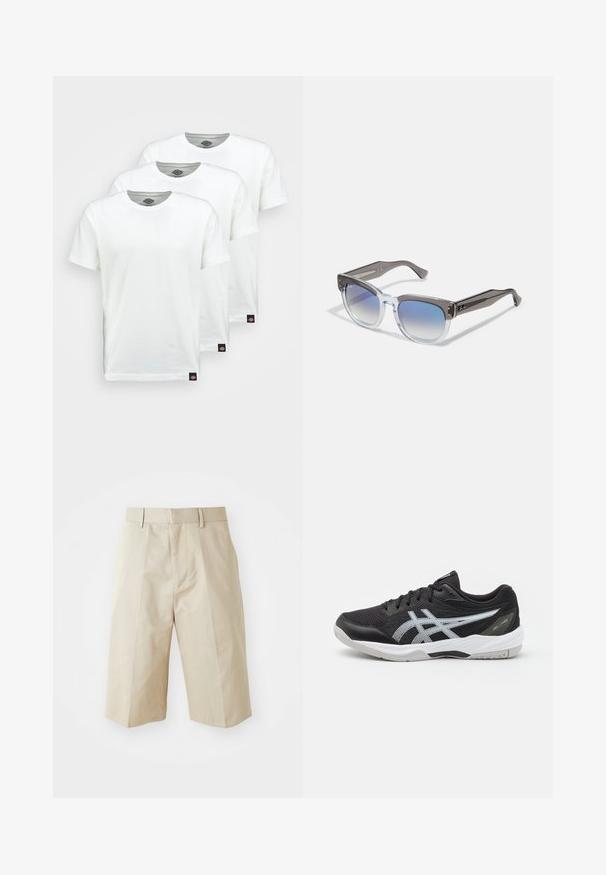 Trys paprasti balti medvilniniai marškiniai trumpomis rankovėmis. Kiekvienas marškinys turi apvalų kaklo iškirpimą ir mažą juodą logotipo etiketę kairėje pusėje.; Smėliniai pritaikyti šortai su tiesiu kirpimu, turintys diržo kilpas, raukšlėtą priekį ir lygų medvilnės paviršių. Be kišenių ar papildomų detalių.; Juodas sportinis batas su tinkleliu, atspindinčiu sidabriniu logotipu, guminėmis dėmėmis ir baltais akcentais. Turi paminkštintą apykaklę ir tvirtą dizainą.; Pilkos ir skaidrios rėmo saulės akinių kvadratinė forma, gradientinės mėlynos lęšiai, metalinės akcentai ant šventyklų. Lengvas materialas.