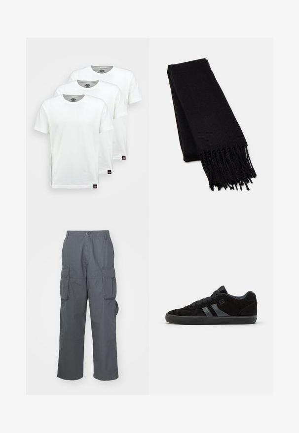 Tre magliette di cotone bianche semplici con maniche corte. Ogni maglietta presenta un collo rotondo e un piccolo etichetta logo nera sul lato sinistro.; Pantaloni cargo in tessuto grigio scuro; presentano diverse tasche laterali, una vestibilità rilassata e una chiusura con bottone in vita.; Scarpe da skate in suede nero con suole in gomma scura, caratterizzate da strisce laterali grigie e lacci abbinati, progettate per comfort e durata.; Sciarpa nera realizzata in un morbido tessuto testurizzato. Presenta bordi sfilacciati e una forma rettangolare, adatta da avvolgere attorno al collo.