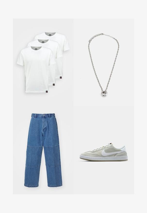 Three plain white cotton t-shirts with short sleeves. Each shirt features a round neckline and a small black logo tag on the left side.; Light blue denim pants with a relaxed fit, featuring two distinct fabric panels, a front button closure, and wide legs.; Gray suede sneakers with a white leather Swoosh logo, featuring white laces, a solid rubber sole, and a textured tongue.; Silver-toned metal necklace featuring a twisted chain design and a circular pendant with a polished finish.