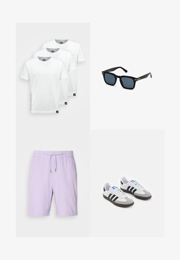 Drie eenvoudige witte katoenen T-shirts met korte mouwen. Elk shirt heeft een ronde halslijn en een klein zwart logo-label aan de linkerkant.; Lila linnen shorts met een elastische tailleband, sluiting met trekkoord en twee zijzakken. Heeft een relaxte pasvorm en omgevouwen manchetten.; Sportschoenen met een witte leren bovenkant, grijze suède neus en drie zwarte strepen. Bevat een blauw logo op de tong en een gestructureerde rubberen zool.; Zwarte vierkante zonnebril met donkere lenzen, matte afwerking en gouden metalen accenten op de poot, met een minimalistisch ontwerp.