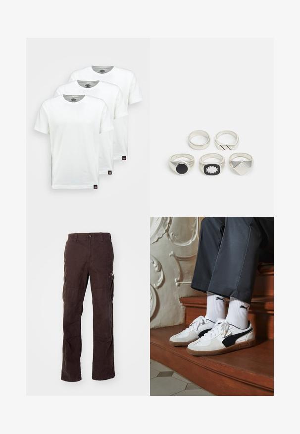 Három sima fehér pamut póló rövid ujjakkal. Mindegyik pólón kerek nyakkivágás található, és a bal oldalon egy kis fekete logó címke van.; Barna vászon cargo nadrág, strapabíró pamut anyagból készült, oldalsó zsebekkel, laza szabású, egyenes lábakkal és látható varrási részletekkel.; Fehér és fekete velúr Puma sportcipők, barna gumitalppal. Fehér zoknival párosítva, amely fekete logót visel, sötét nadrággal kombinálva.; Öt ezüstgyűrű: az egyik fekete kör alakú díszítéssel, a másik fehér és fekete geometriai mintával, a többi pedig különböző formájú és felületű.