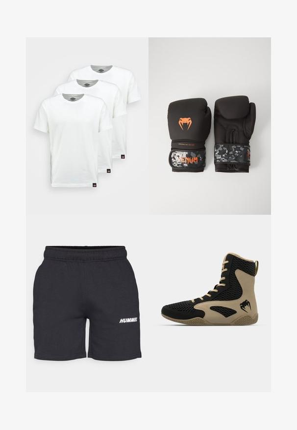 Drei schlichte weiße Baumwoll-T-Shirts mit kurzen Ärmeln. Jedes Shirt hat einen runden Ausschnitt und ein kleines schwarzes Logotipo auf der linken Seite.; Schwarze Sportshorts mit elastischem Bund und seitlichen Taschen. Auf der unteren linken Seite befindet sich ein weißes "HUMMEL"-Logo. Glatte Textur.; Hochschuh mit schwarzem Mesh-Obermaterial und beigen Akzenten. Strukturiertem Gummisohle und Logodetail an der Seite.; Schwarze Boxhandschuhe mit matter Oberfläche und ergonomischem Design. Orangefarbene Logodetails und armeeähnlich gemusterte Handgelenkriemen.