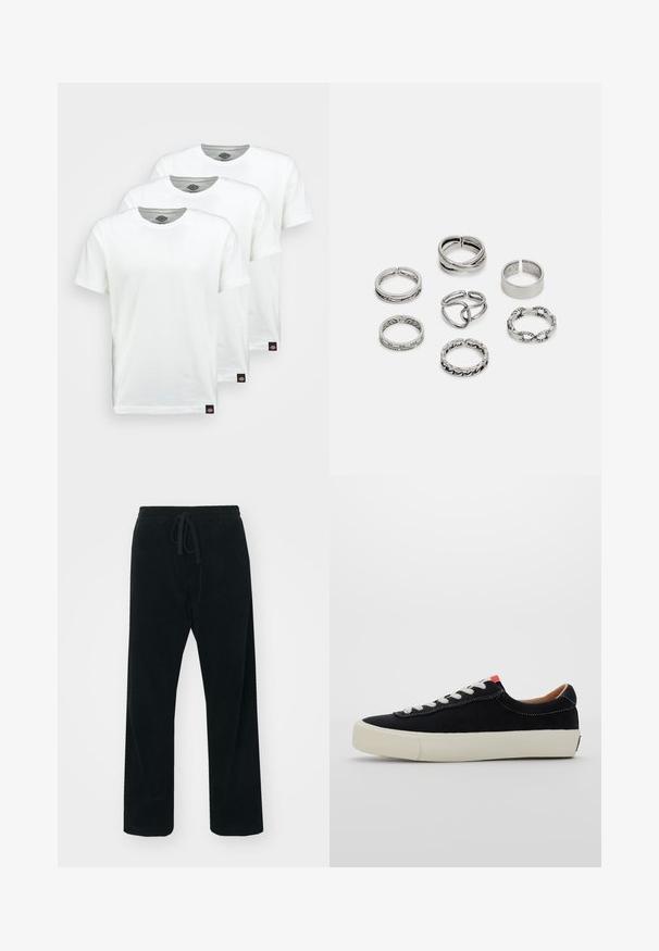 Drie eenvoudige witte katoenen T-shirts met korte mouwen. Elk shirt heeft een ronde halslijn en een klein zwart logo-label aan de linkerkant.; Carhartt WIP FLOYDE PANT - Broek - black rinsed; Zwarte stoffen sneaker met witte veters, beige rubberen zool en rode accent aan de hiel. Rond toe en minimale stikseldetails.; Set van zeven zilveren ringen met verschillende ontwerpen, waaronder gedraaide, verbonden en gegraveerde patronen. Verschillende vormen en breedtes.