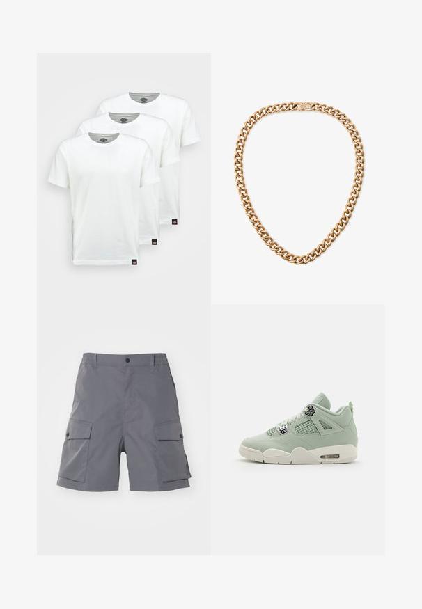 Trzy gładkie białe bawełniane koszulki z krótkim rękawem. Każda koszulka ma okrągły dekolt i małą czarną metkę z logo po lewej stronie.; Carhartt WIP BALTO antracytowy; Jasnozielone sneakersy z skórzaną cholewką, panelami z siateczki, białą podeszwą i charakterystycznymi akcentami. Posiadają sznurowanie i poduszkę powietrzną w pięcie.; Złocona metalowa naszyjnik łańcuszkowy z dużymi, splatającymi się ogniwami i bezpiecznym zapięciem. Gładka, błyszcząca powierzchnia z polerowanym wykończeniem.