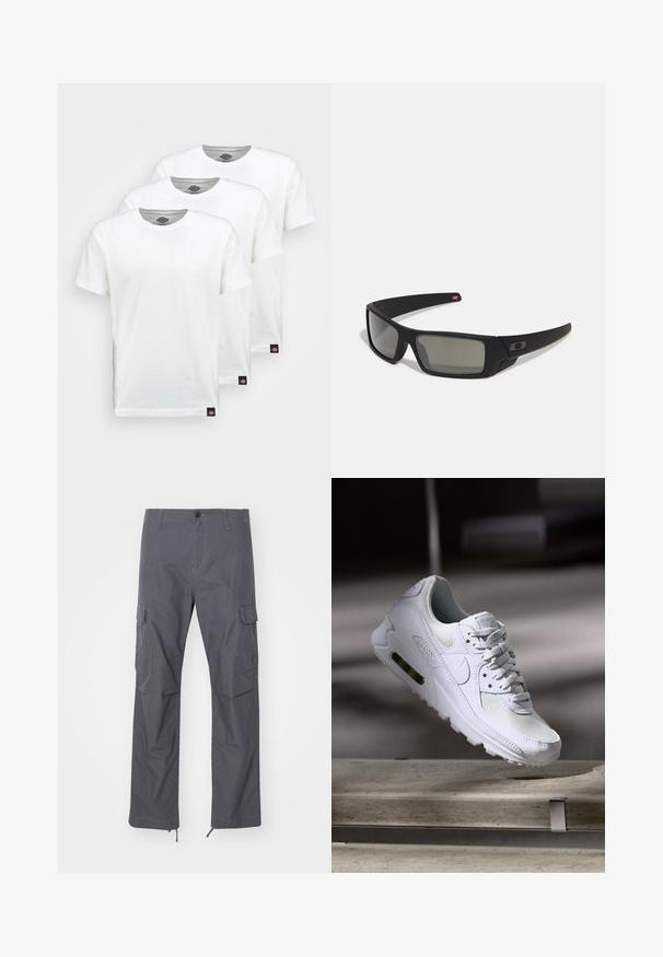 Tri obyčajné biele bavlnené tričká s krátkym rukávom. Každé tričko má okrúhly výstrih a malú čiernu nálepku s logom na ľavej strane.; Sivé cargo nohavice so štandardným strihom, viaceré vrecká, zapínanie na gombík a nastaviteľné manžety na leme. Vyrobené z odolnej, ľahkej tkaniny.; Biele tenisky Nike Air Max 90 s vrchnou časťou z kože a sieťoviny, perforovanou špičkou a viditeľnou vzduchovou jednotkou v päte.; Čierne slnečné okuliare s matným povrchom, obdĺžnikové šošovky, mierna krivka na straničkách, nenápadný detail loga a šošovky so zafírovaným tónovaním.