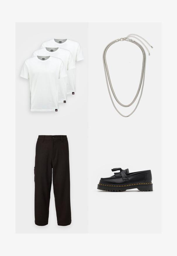 Drei schlichte weiße Baumwoll-T-Shirts mit kurzen Ärmeln. Jedes Shirt hat einen runden Ausschnitt und ein kleines schwarzes Logotipo auf der linken Seite.; Schwarze Hose mit Fischgrätenmuster, geradem Schnitt, Knopfverschluss und Seitentaschen für Funktionalität. Weicher Stoff, taillierte Passform.; Schwarze Lederloafers mit einem fransenverzierten Akzent, ausgestattet mit einer robusten schwarzen Sohle und gelber Naht entlang der Kante. Texturierte Oberfläche.; Dreischichtige Halskette aus Silbermetall mit schlanken, flexiblen Ketten mit leichtem Glanz, gesichert mit einem Karabinerverschluss und verstellbarer Kette.