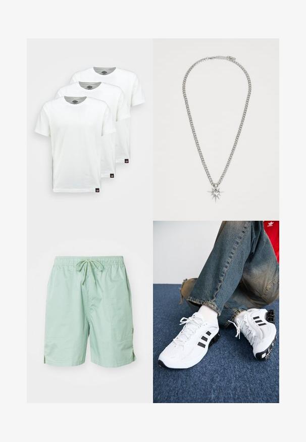 Trys paprasti balti medvilniniai marškiniai trumpomis rankovėmis. Kiekvienas marškinys turi apvalų kaklo iškirpimą ir mažą juodą logotipo etiketę kairėje pusėje.; Šviesiai žali maudymosi šortai, pagaminti iš lygaus audinio, su elastingu juosmuo ir raišteliu, šoninėmis kišenėmis ir trumpa ilgio.; Balti tinkliniai sportiniai bateliai su juodais akcentais, turintys tekstūruotą dizainą ir išskirtinį padas, derinami su mėlynais džinsais.; FAINZ SPIKE HEART CHAIN UNISEX - Grandinėlė - silver-coloured