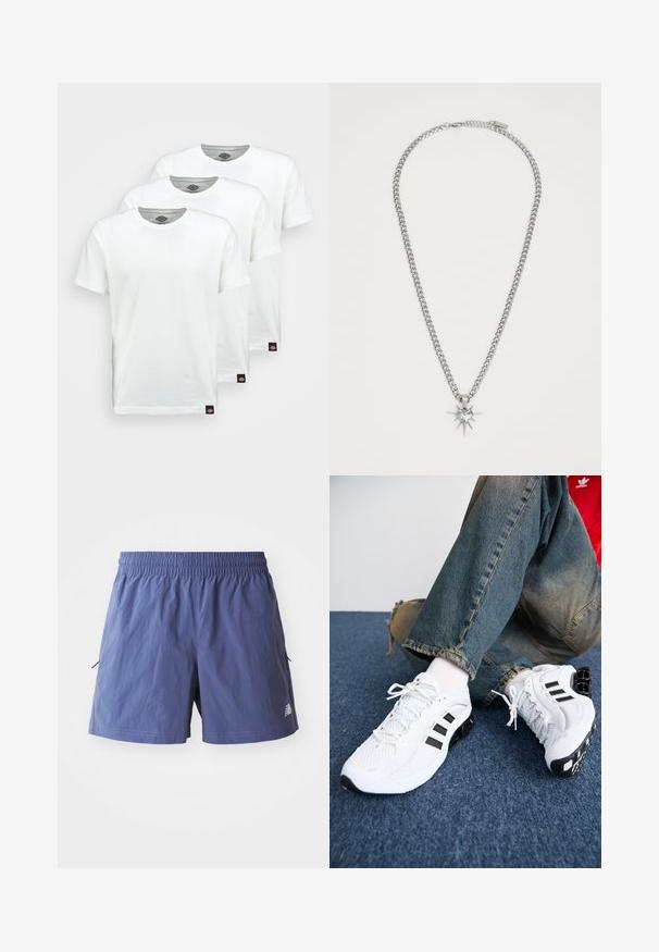 Trys paprasti balti medvilniniai marškiniai trumpomis rankovėmis. Kiekvienas marškinys turi apvalų kaklo iškirpimą ir mažą juodą logotipo etiketę kairėje pusėje.; Vyriškos šortai šviesiai purpurine spalva, pagaminti iš lengvos medžiagos. Turi elastingą juosmenį, šonines kišenes ir logotipą apačioje.; Balti tinkliniai sportiniai bateliai su juodais akcentais, turintys tekstūruotą dizainą ir išskirtinį padas, derinami su mėlynais džinsais.; FAINZ SPIKE HEART CHAIN UNISEX - Grandinėlė - silver-coloured