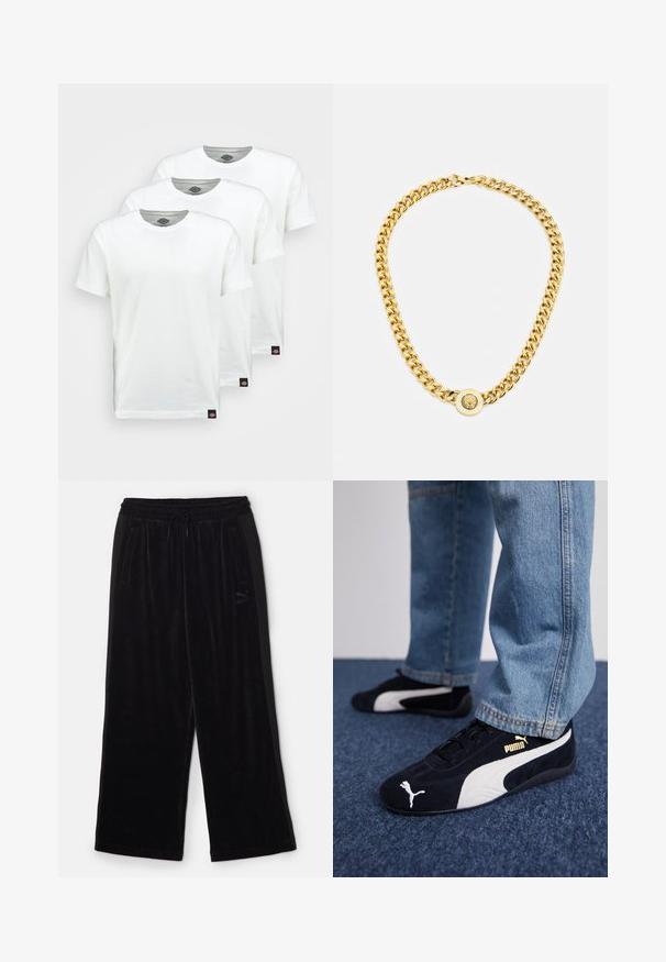 Tri obyčajné biele bavlnené tričká s krátkym rukávom. Každé tričko má okrúhly výstrih a malú čiernu nálepku s logom na ľavej strane.; Čierne velúrové nohavice s voľným, širokým strihom. Obsahujú elastický pás sťahovanie a bočné vrecká. Jemné branding na nohe.; Čierne semišové tenisky s bielymi akcentmi, so zlatým logom. Nosené s svetlomodrými denimovými džínsy a položené na textúrovanej modrej ploche.; Zlatý náhrdelník s veľkými prepojenými článkami, ktorý má v strede okrúhly prívesok s vyvýšeným emblémom.