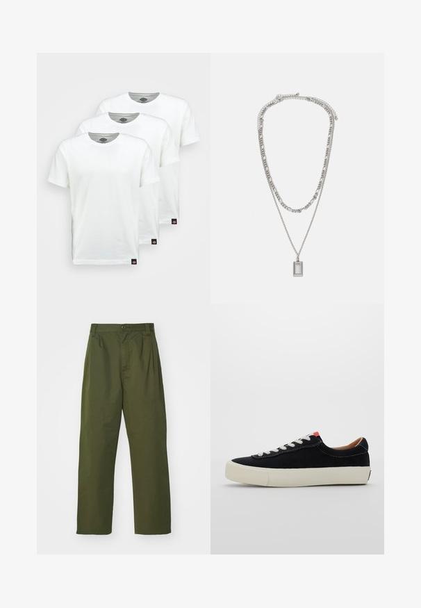 Three plain white cotton t-shirts with short sleeves. Each shirt features a round neckline and a small black logo tag on the left side.; Olive green, high-waisted pants with a straight leg design. Made of a lightweight fabric, featuring front pleats and a button closure.; Black fabric sneaker with white laces, beige rubber sole, and red accent at the heel. Rounded toe and minimal stitching detail.; Silver necklace with two layered chains; features a rectangular pendant with a smooth surface, showcasing a polished metal finish.