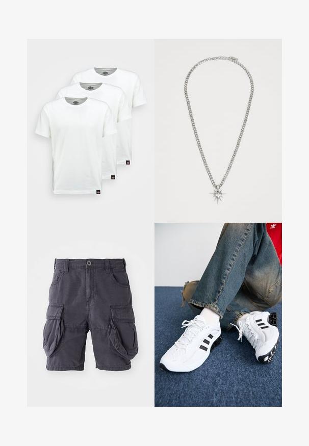 Tři jednoduché bílé bavlněné trička s krátkým rukávem. Každé tričko má kulatý výstřih a malou černou štítkovou nášivku na levé straně.; Cargo šortky vyrobené z tmavě šedé bavlny, s klasickým střihem, několika bočními kapsami a předním zapínáním na knoflík. Hladká textura.; Bílé síťované sportovní boty s černými detaily, s texturovaným designem a výraznou podrážkou, spárované s modrými džínami.; FAINZ SPIKE HEART CHAIN UNISEX - Náhrdelník - silver-coloured
