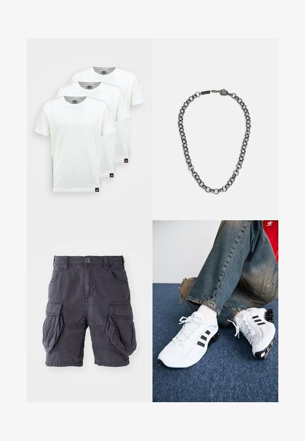 Três t-shirts de algodão brancas simples com mangas curtas. Cada t-shirt possui uma gola redonda e uma pequena etiqueta de logotipo preta no lado esquerdo.; Bermudas de carga feitas de algodão cinza escuro, apresentando um corte clássico, múltiplos bolsos laterais e um fecho frontal por botão. Textura suave.; Sapatilhas atléticas brancas em malha com detalhes pretos, apresentando um design texturizado e uma sola distintiva, combinadas com calças de ganga azuis.; Colar de corrente em metal com elos alongados na cor gunmetal escuro. Apresenta um detalhe geométrico e fecho com logótipo.