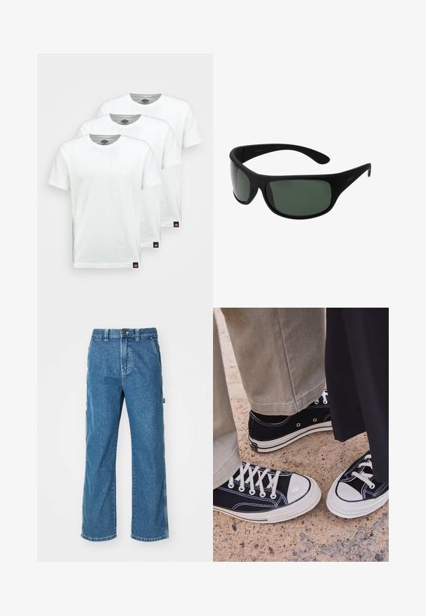 Trzy gładkie białe bawełniane koszulki z krótkim rękawem. Każda koszulka ma okrągły dekolt i małą czarną metkę z logo po lewej stronie.; Niebieskie dżinsowe spodnie cargo o luźnym kroju, z bocznymi kieszeniami, zasuwanym rozporkiem oraz kontrastowym przeszyciem na szwach.; Czarne płócienne trampki z białymi gumowymi czubkami i sznurówkami. Kontrastowe przeszycia i metalowe oczka dodają szczegółów. Noszone z beżowymi spodniami i czarnym materiałem.; Czarne okulary przeciwsłoneczne w stylu wraparound z ciemnozielonymi soczewkami. Matowe wykończenie, zaokrąglony kształt, proste ramiona i subtelne oznaczenie po boku.