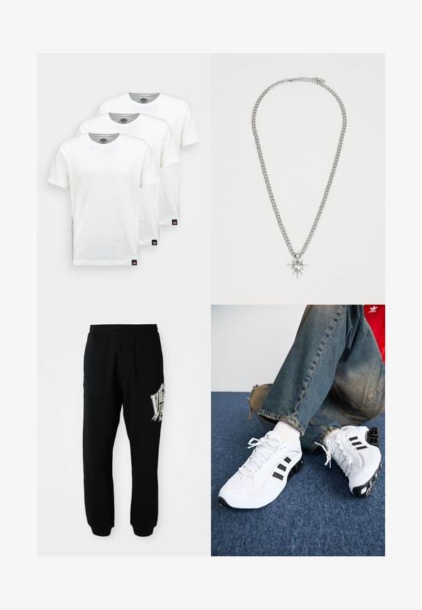 Three plain white cotton t-shirts with short sleeves. Each shirt features a round neckline and a small black logo tag on the left side.; Black sweatpants made of soft fabric, featuring a ribbed waistband and cuffs. Includes a graphic print in white and gray on the left leg.; White mesh athletic shoes with black accents, featuring a textured design and distinctive sole, paired with blue denim jeans.; FAINZ SPIKE HEART CHAIN UNISEX - Necklace - silver-coloured