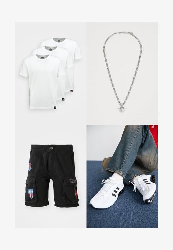 Trys paprasti balti medvilniniai marškiniai trumpomis rankovėmis. Kiekvienas marškinys turi apvalų kaklo iškirpimą ir mažą juodą logotipo etiketę kairėje pusėje.; Juodi krovinių šortai, pagaminti iš medvilnės, su keliais kišeniais, siuvinėtomis detalėmis raudona, mėlyna ir žalia spalvomis bei sagų uždarymu juosmens lygyje.; Balti tinkliniai sportiniai bateliai su juodais akcentais, turintys tekstūruotą dizainą ir išskirtinį padas, derinami su mėlynais džinsais.; FAINZ SPIKE HEART CHAIN UNISEX - Grandinėlė - silver-coloured