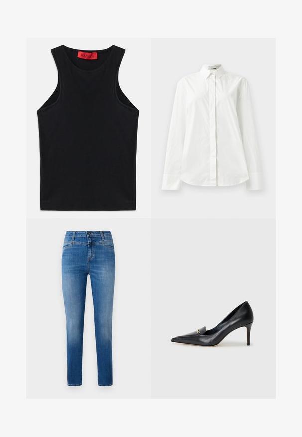 Fekete ujjatlan felső, puha pamutból készült. Kerek nyakkivágással és normál aljjal rendelkezik. Egyszerű dizájn, nincs látható minta vagy díszítés.; Fehér pamut hosszú ujjú ing, hegyes gallérral, gombos elülső záródással és lekerekített szegéllyel. Sima textúra, normál szabás és minták nélkül.; Klasszikus kék farmernadrág, egyenes szárú szabással, közepes derekú, elülső zsebekkel és narancssárga varrási részletekkel.; Fekete bőr magassarkú cipő hegyes orral, alacsony dekoltázzsal és díszes arany részlettel. Stiletto sarokkal és sima felülettel rendelkezik.