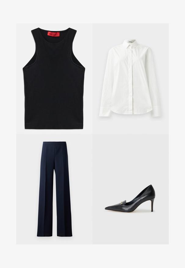 Top sans manches noir en coton doux. Présente un col rond et un ourlet standard. Design simple, sans motifs ni accents visibles.; Chemise blanche en coton à manches longues avec un col pointu, fermeture à boutons sur le devant et ourlet arrondi. Texture lisse, coupe régulière et sans motifs.; Pantalons à jambes larges en tissu bleu marine foncé, dotés d'une texture lisse, de plis avant discrets et d'une taille ajustée pour une silhouette épurée.; Escarpin en cuir noir avec un bout pointu, un décolleté bas et un ornement doré décoratif. Doté d'un talon aiguille et d'une texture lisse.