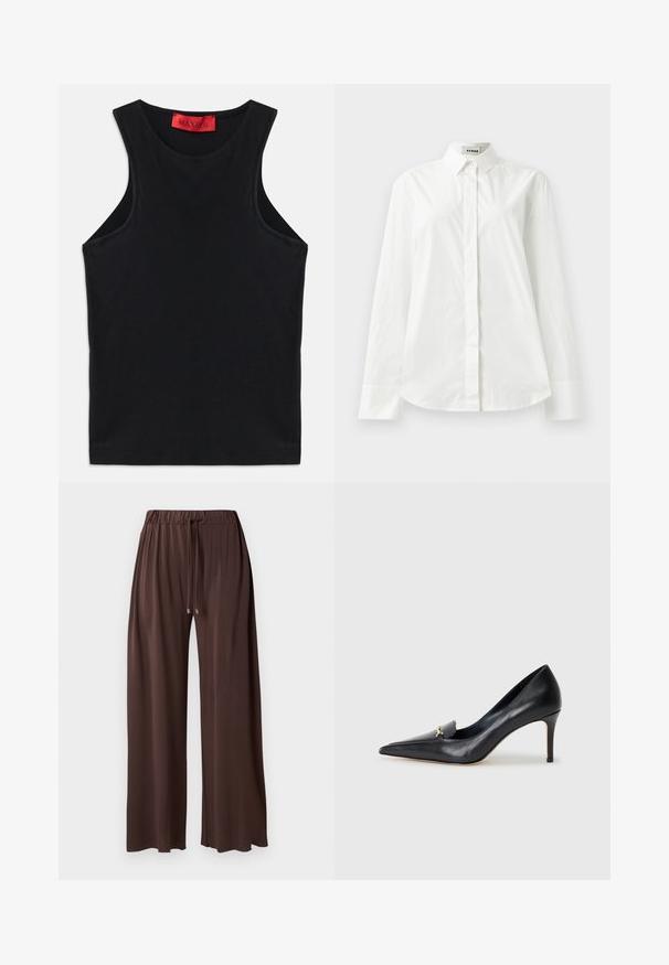 Fekete ujjatlan felső, puha pamutból készült. Kerek nyakkivágással és normál aljjal rendelkezik. Egyszerű dizájn, nincs látható minta vagy díszítés.; Fehér pamut hosszú ujjú ing, hegyes gallérral, gombos elülső záródással és lekerekített szegéllyel. Sima textúra, normál szabás és minták nélkül.; Barna, bő szárú nadrág, rugalmas derékkal, állítható zsinórral és sima textúrával. Ezüst színű agletek találhatók a zsinóron.; Fekete bőr magassarkú cipő hegyes orral, alacsony dekoltázzsal és díszes arany részlettel. Stiletto sarokkal és sima felülettel rendelkezik.