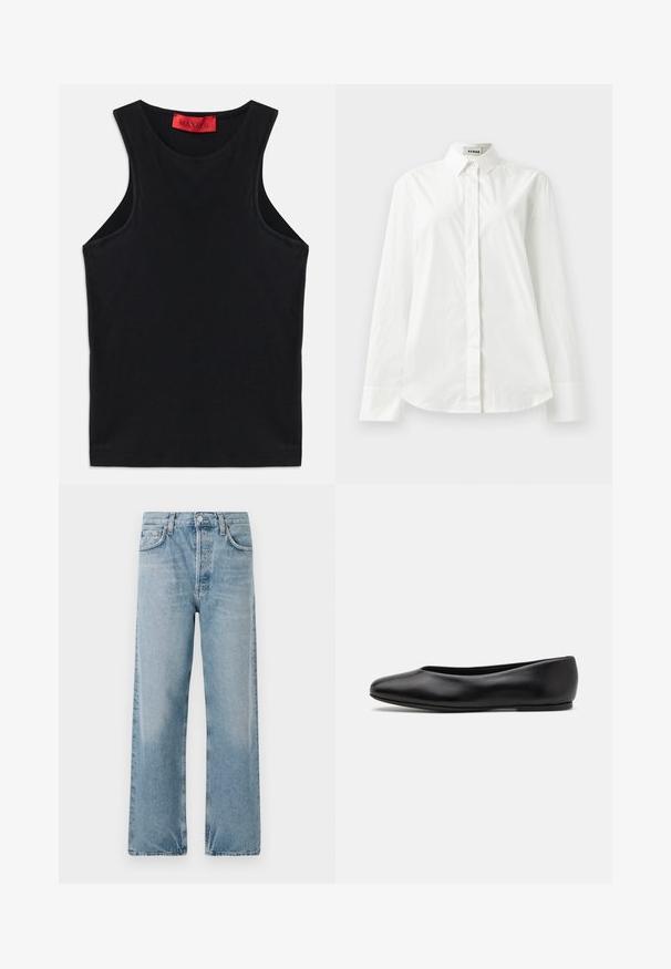 Zwarte mouwloze top van zachte katoen. Heeft een ronde halslijn en een standaard zoom. Eenvoudig ontwerp, geen zichtbare patronen of accenten.; Witte katoenen blouse met lange mouwen, een puntkraag, knoopsluiting aan de voorkant en een afgeronde zoom. Gladde textuur, normale pasvorm en geen patronen.; Lichtblauwe denim jeans met een hoge taille, wijde pijpen en een vijf-pocket ontwerp. Kenmerkt een knoopsluiting en subtiele vervaging.; Paul Smith TOPANGA - Ballerina's - black