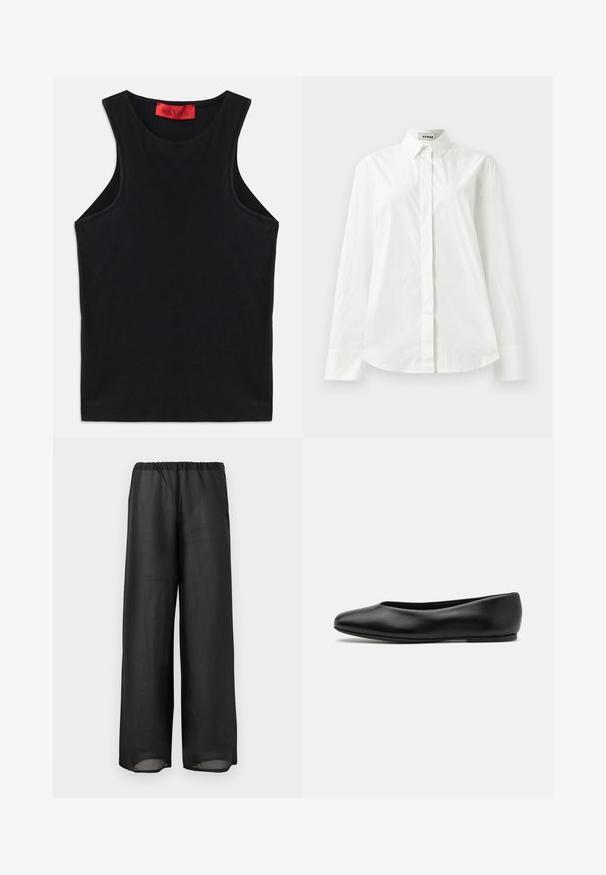 Top sans manches noir en coton doux. Présente un col rond et un ourlet standard. Design simple, sans motifs ni accents visibles.; Chemise blanche en coton à manches longues avec un col pointu, fermeture à boutons sur le devant et ourlet arrondi. Texture lisse, coupe régulière et sans motifs.; Pantalons larges noirs en tissu léger et semi-transparent avec une taille élastique. Le design présente une silhouette fluide et décontractée.; Paul Smith TOPANGA - Ballerines - black