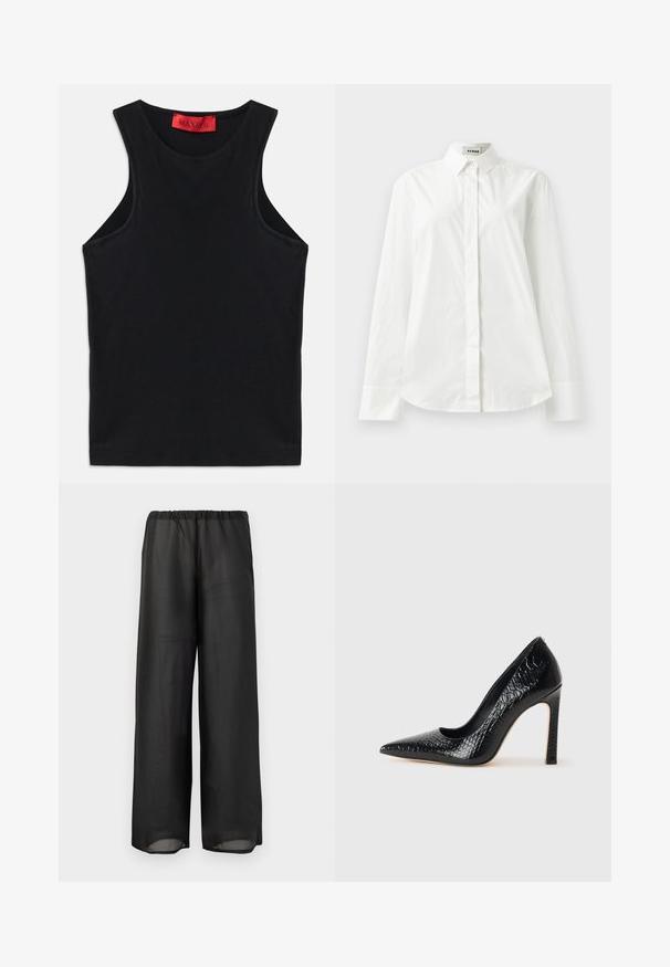 Čierny bezrukávový top vyrobený z jemnej bavlny. Má okrúhly výstrih a štandardný lem. Jednoduchý dizajn, žiadne viditeľné vzory ani akcenty.; Biela bavlnená košeľa s dlhým rukávom, s špicatým golierom, zapínaním na gombíky a zakulateným lemom. Hladká textura, bežný strih a bez vzorov.; Čierne nohavice s širokými nohavicami vyrobené z ľahkej, polopriehľadnej látky s elastickým pásom. Dizajn má voľný a uvoľnený strih.; Čierna lodička s špicatou špičkou a lakovanou textúrou krokodíla, s elegantným dizajnom, vysokým stiletto podpätkom a hladkým čiernym interiérom.
