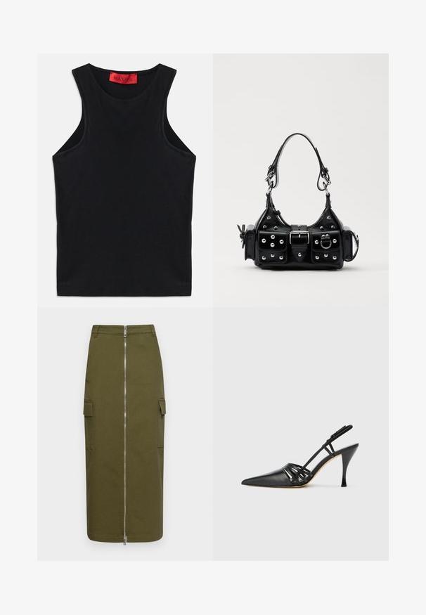 Juodas be rankovių marškinėliai, pagaminti iš minkštos medvilnės. Turi apvalų iškirpimą ir standartinį apdailą. Paprastas dizainas, be matomų raštų ar akcentų.; Olivinės spalvos kargo sijonas, pagamintas iš medvilnės mišinio, su centriniu užtrauktuku ir dviem šoniniais kišenėmis patogumui.; Juodas odinis aukštakulnis slingback batelis su smailiu noseliu, kryžminiu dirželiu ir plonu stiletto kulnu. Lygus paviršius ir minimalūs akcentai.; Juodas odinis rankinukas su kreiviu dizainu, su sidabro spalvos knopkėmis, užsegimu ir dviem šoninėmis kišenėmis. Reguliuojama dirželis nešimui.