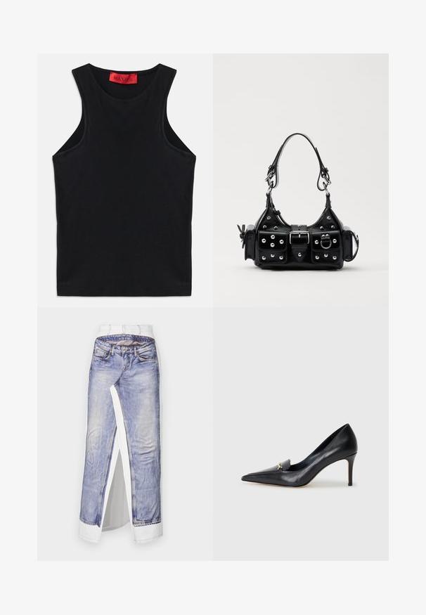 Top sans manches noir en coton doux. Présente un col rond et un ourlet standard. Design simple, sans motifs ni accents visibles.; Jupe en denim avec un imprimé photo de jeans sur un tissu blanc. Présente une taille standard, une fente sur le côté et des coutures détaillées sur les poches.; Escarpin en cuir noir avec un bout pointu, un décolleté bas et un ornement doré décoratif. Doté d'un talon aiguille et d'une texture lisse.; Sac à main en cuir noir au design courbé, avec des clous en argent, une boucle et deux poches latérales. Bandoulière réglable pour différentes options de transport.