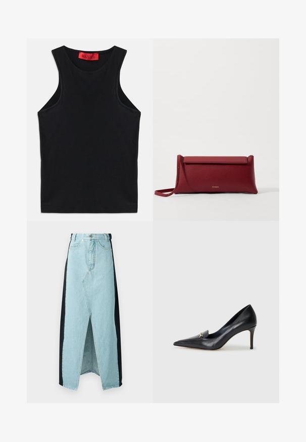 Svart ärmlös topp tillverkad av mjuk bomull. Har en rund halsringning och standard fåll. Enkel design, inga synliga mönster eller detaljer.; Jeanskjol som kombinerar ljusblått och svart material, med en framklippning, hög midja och strukturerad design med standard knäppning.; Svart läderpumps med spetsig tå, låg skärning på framfoten och en dekorativ guldfinish. Har en stilettklack och en slät yta.; Röd läderclutch med texturerad yta, med en platt vik överst och ett kort band. Diskret varumärkeslogotyp på framsidan.