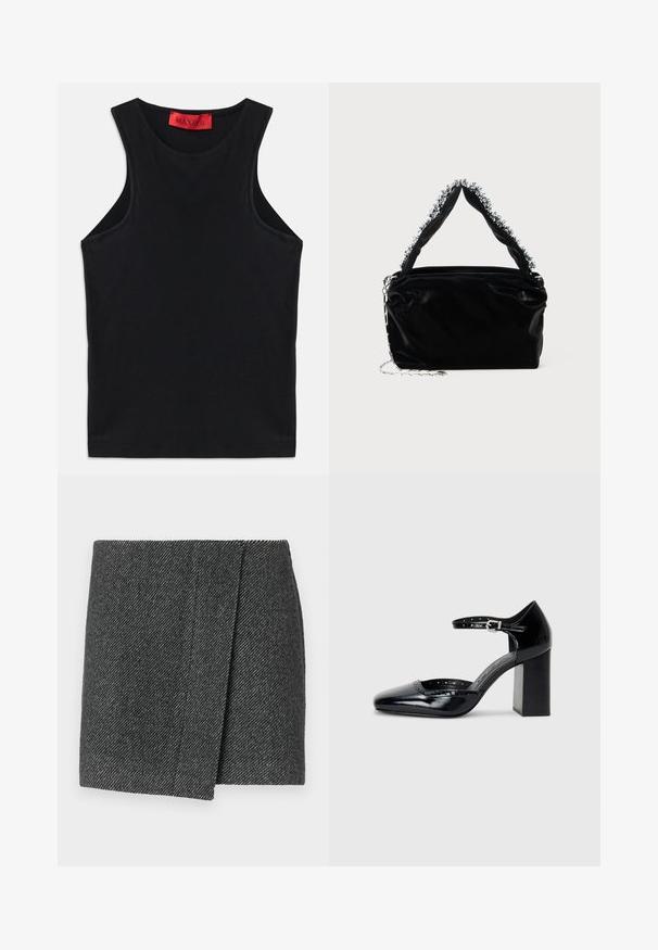 Top negru fără mâneci, fabricat din bumbac moale. Featurează un gât rotund și un tiv standard. Design simplu, fără modele sau accente vizibile.; Fustă gri cu model în zig-zag, cu un design tip wrap, având un material texturat și un tiv curat, drept.; Pantofi cu toc înalt din piele lăcuită neagră, cu vârf pătrat, curea pentru gleznă și toc gros. Include detalii perforate de-a lungul marginii.; Geantă din piele sintetică neagră cu un finisaj texturat, având un accent din mărgele argintii de-a lungul mânerului de sus și o curea din lanț.