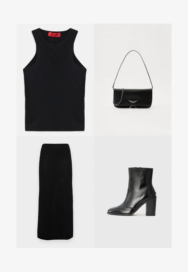 Sort ærmeløs top lavet af blødt bomuld. Har en rund halsudskæring og standard kant. Simpelt design, ingen synlige mønstre eller accenter.; Sort strikket maxiskirt med en lige silhuet, der har en ribbestrikket talje og subtile lodrette sømme langs siderne.; Sorte læder ankelstøvler med en glat overflade, spids tå og en chunky høj hæl. Har en sidelukning og minimalistisk design.; Sort læderhåndtaske med en sølv kædestrop, der har dekorative vingedetaljer og hvid syning langs bunden.